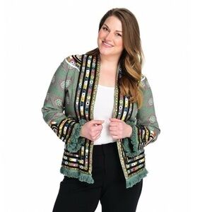Indigo Moon Patterned Woven Mirror, Embroidery & Bead Detailed Fringe Jacket